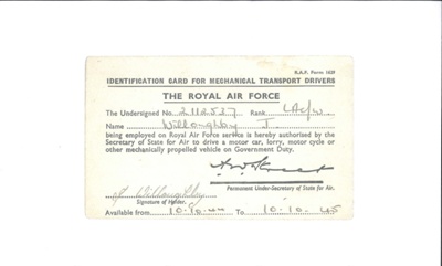 R.A.F. identity card for Mechanical Transport Drivers - Jean Willoughby - Aircraftswoman W.A.A.f; 36219 R.A.F. identity card for Mechanical Transport Drivers - Jean Willoughby - Aircraftswoman W.A.A.f; 36219
