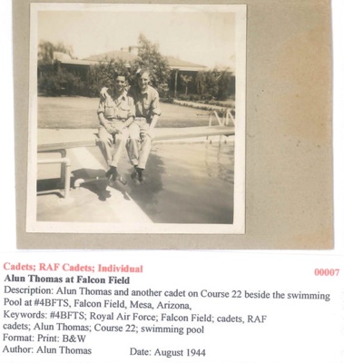 Alun Thomas and another cadet beside the swimming pool - Course 22 - Falcon Field - August 1944 - Photo No. 00007; 83462 Alun Thomas and another cadet beside the swimming pool - Course 22 - Falcon Field - August 1944 - Photo No. 00007; 83462