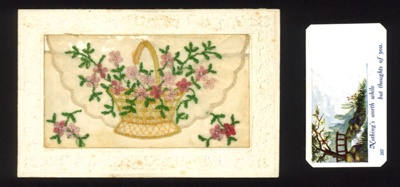 WW1 "Sweetheart" card - embroidered bouquet in basket; 13368