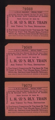Railway tickets (3) - "L.M. & S. Rly train" - special ticket nos: 79568 79569 79573; 5384 Railway tickets (3) - "L.M. & S. Rly train" - special ticket nos: 79568 79569 79573; 5384