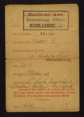 'Army reserve- scheduled occupation certificate' issued to a 'D. Morris' dated 14.05.1917; 78792