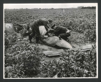 Photograph - fighter pilots examine flying bomb shot down by R.A.F. - 1944; 1/01/1944; 2611