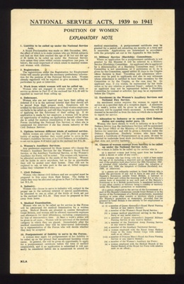 'Position of women- National Service Acts, 1939 to 1941'- 'Explanatory note' enrolment in the women's Auxiliary services' etc; 78796