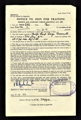 Army form d461 - "Notice to join for training" - Gnr S. Smith 1750686 485(M) HAA Regiment R.A. - 01/07/1952; 1/07/1952; 5861