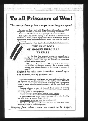 Letter to all British P.O.W.s - "To all prisoners of war - the escape from prison camps is no longer a sport !"; 2376 Letter to all British P.O.W.s - "To all prisoners of war - the escape from prison camps is no longer a sport !"; 2376