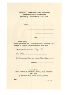 Form - Widows, Orphans and Old Age Contributory Pensions application form; 43134 Form - Widows, Orphans and Old Age Contributory Pensions application form; 43134