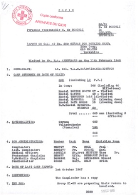 Photocopy of report on call at No. 250 German POW working camp - Eden Camp. From 11 February 1948. ICRC Red Cross; 64031