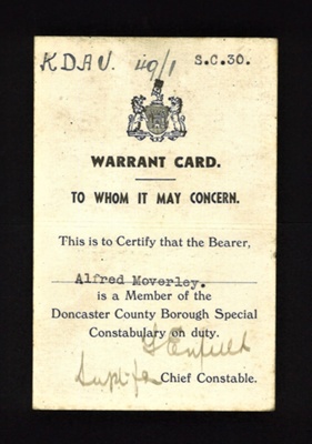 Warrant card - Doncaster county borough special Constabulary - Alfred Moverly; 5551 Warrant card - Doncaster county borough special Constabulary - Alfred Moverly; 5551