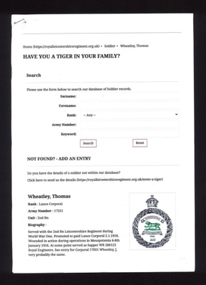 Documents Relating to Cpl Thomas Wheatley, 17251, WW1; 77924