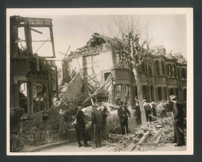 Official copyrighted war photograph- August 1940- extensive bomb damage to buildings in London; 56529
