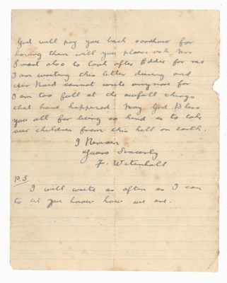 Letter to Mrs J.W Green from evacuees mother (Mrs F Witenall) during London Blitz, WWII; 83842