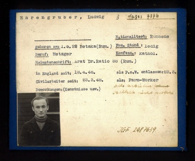 German P.O.W. record card - Ludwig Ehrengruber - Rumanian - Dob 01/05/1922; 6619