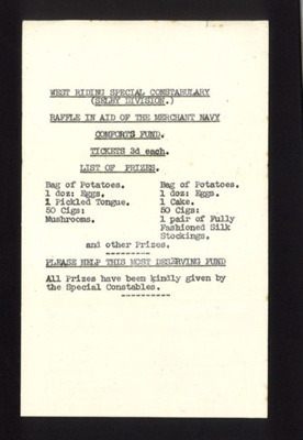 West Riding special Constabulary (Selby Division) - list of raffle prizes in aid of the Merchant Navy; 2793 West Riding special Constabulary (Selby Division) - list of raffle prizes in aid of the Merchant Navy; 2793