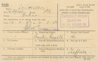 Army Form b295 - Leave Pass - Pte A. Butcher - 14/04/1946 to 04/05/1946; 14/04/1946; 38143
