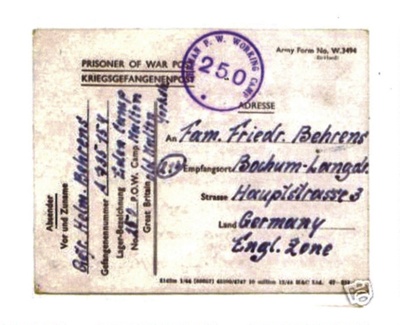 Copy (taken from internet) Prisoner of War post card sent by POW Behrens from POW camp 250- Eden Camp, 1946; 48970 Copy (taken from internet) Prisoner of War post card sent by POW Behrens from POW camp 250- Eden Camp, 1946; 48970