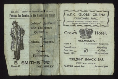Programme - A.K.C. "Globe" cinema - Duncome Park - HELMSley - undated but probably wartime; 5669