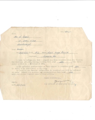 Letter of notification - Pte C.G. beech - Cameron Highlanders - taken P.O.W. - 22/09/1942; 22/09/1942; 34929