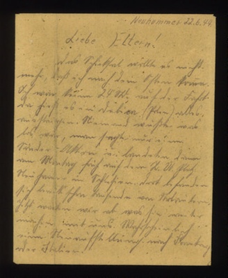 Handwritten letter on an envelope from Franz Glanz to his parents dated 22/06/1944 sent from Neuhammer, Germany. Debica, B.A. plaza, Neuhammer, Silesia. in German with English translation. Franz Glanz a POW at Eden Camp.; 71525