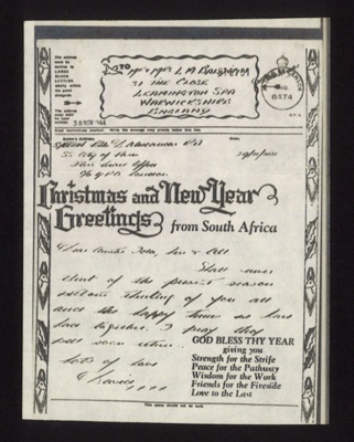 Forces Christmas aerogramme - from South Africa - 30/11/1944; 30/11/1944; 13363 Forces Christmas aerogramme - from South Africa - 30/11/1944; 30/11/1944; 13363