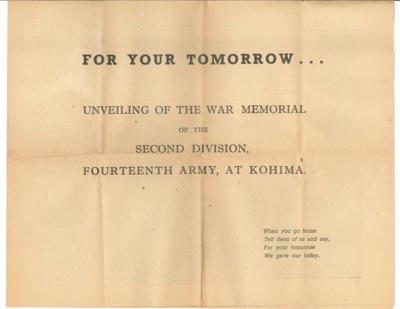 S.E.A.C. Newspaper reprint - unveiling of War Memorial - 2nd Division - 14th Army - Kohima; 36503