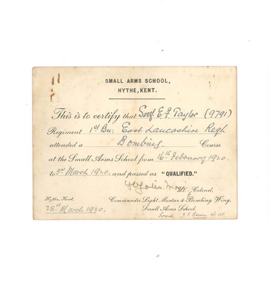Certificate - "Bombing course" - small arms school - Sgt E.F. Taylor - 1st East Lancs - 25/03/1920; 25/03/1920; 34883 Certificate - "Bombing course" - small arms school - Sgt E.F. Taylor - 1st East Lancs - 25/03/1920; 25/03/1920; 34883