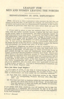 Information Leaflet - "Leaflet for men and women leaving the forces" - "Reinstatement in civil employment"; 38104