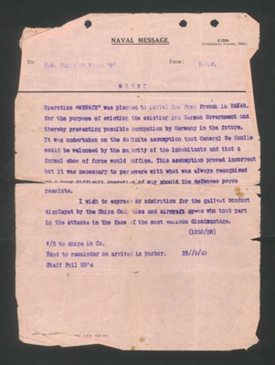 Naval messages (3) - re:"Operation menace" - attack on Dakar - Senegal - by "H.M.S. Barham" & "H.M.S. Resolution" - 25/09/1940; 25/09/1940; 34470