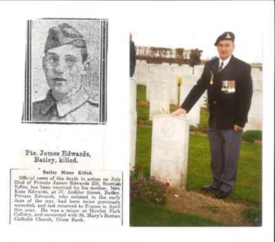 Colour photograph & press cutting - Mr J.W. Weaver at grave of Pte James Edwards - killed 22/07/1918; 22/07/1918; 37708 Colour photograph & press cutting - Mr J.W. Weaver at grave of Pte James Edwards - killed 22/07/1918; 22/07/1918; 37708