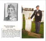 Colour photograph & press cutting - Mr J.W. Weaver at grave of Pte James Edwards - killed 22/07/1918; 22/07/1918; 37708 Colour photograph & press cutting - Mr J.W. Weaver at grave of Pte James Edwards - killed 22/07/1918; 22/07/1918; 37708