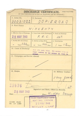 Army Form B108J - Discharge Certificate - Wincenty Dopierala - Polish - 28/05/1948; 28/05/1948; 37472 Army Form B108J - Discharge Certificate - Wincenty Dopierala - Polish - 28/05/1948; 28/05/1948; 37472