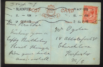 Birthday cards (2) - World War 1 - one is a 21st birthday card & one is Franked "02 sep 18"; 2/09/1918; 9613