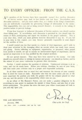 Photocopy of leaflet - issued to R.A.F. officers - warning them against careless talk - issued January 1941; 1/01/1941; 37775 Photocopy of leaflet - issued to R.A.F. officers - warning them against careless talk - issued January 1941; 1/01/1941; 37775