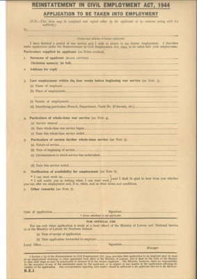 Leaflet & application form - "Reinstatement in civil employment" - for men and women leaving the forces; 35962