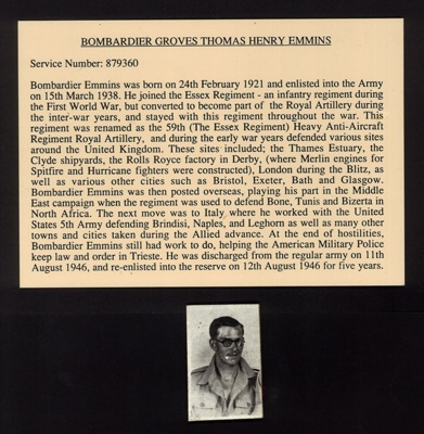 Bombardier Groves Thomas Henry Emmins - No. 879360 - Text and photograph - 2 Medal ribbon bars - 6 ribbons; 7623