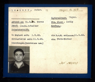German P.O.W. record card - Peter Lukacs - Hungarian - Dob 21/02/1926; 6588 German P.O.W. record card - Peter Lukacs - Hungarian - Dob 21/02/1926; 6588
