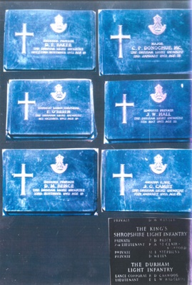 Photocopies of Durham Light Infantry headstone memorial plaques (7) - men killed in action in Korea; 37872 Photocopies of Durham Light Infantry headstone memorial plaques (7) - men killed in action in Korea; 37872