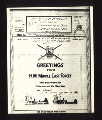 Forces Christmas aerogramme - from M. Alexander R.H.Q. 2nd Lt A.A. regt R.A. - Middle East - 1943; 25/12/1943; 13362 Forces Christmas aerogramme - from M. Alexander R.H.Q. 2nd Lt A.A. regt R.A. - Middle East - 1943; 25/12/1943; 13362