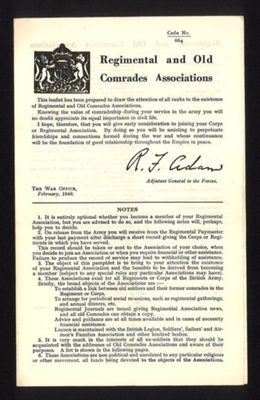 Leaflet- 'Regimental and Old Comrades Association' dated 02.1946 ; 78818