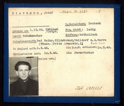 German Eden Camp P.O.W. record card - Josef Biermann - German - Dob 01/12/1926; 6573 German Eden Camp P.O.W. record card - Josef Biermann - German - Dob 01/12/1926; 6573