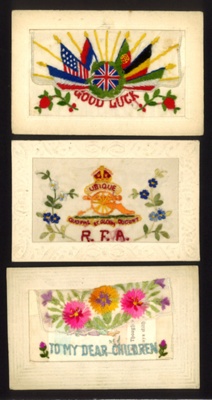 Embroidered postcard x3 'R.A.F' 'Good Luck' 'To my dear children' dated 1918; 78847