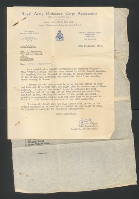 Letter - to Mrs N. Harrison from R.A.O.C. Association re:gift of parcel to relatives of those killed in Korea; 34403