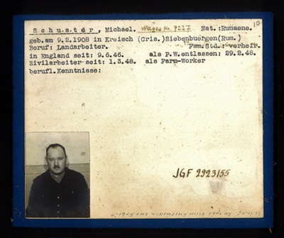 German P.O.W. record card - Michael Schuster - Rumanian - Dob 09/02/1908; 6628 German P.O.W. record card - Michael Schuster - Rumanian - Dob 09/02/1908; 6628