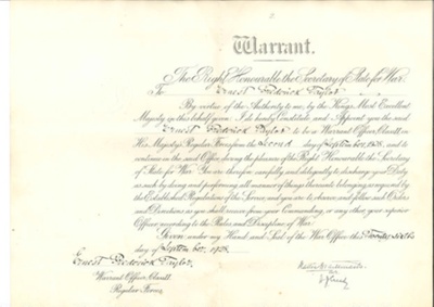 Certificate of appointment to rank of warrant officer class II - Ernest Frederick Taylor - 26/09/1928; 26/09/1928; 34886 Certificate of appointment to rank of warrant officer class II - Ernest Frederick Taylor - 26/09/1928; 26/09/1928; 34886