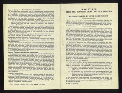 Leaflet- for men and women leaving the forces- advice on 'reinstatement in civil employment' WW2 ; 78801