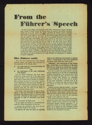 German propaganda leaflet - "From the Fuhrer's speech" - dropped over Bridlington area on 04/08/1940; 4/08/1940; 5228