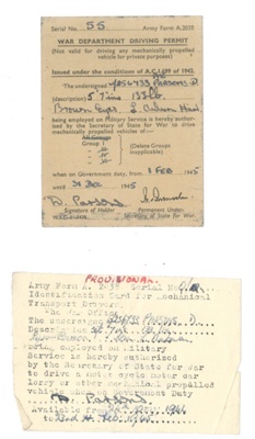 Army forms a2038 (2) - "War Department Driving Permit" - Pte D. Parsons W/256733 A.T.S.; 36169 Army forms a2038 (2) - "War Department Driving Permit" - Pte D. Parsons W/256733 A.T.S.; 36169