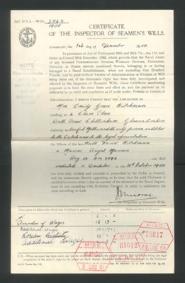 Certificate of the inspector of seaman's Wills - Royal Marine Keith David Hitchman - died 16/10/1950; 34436