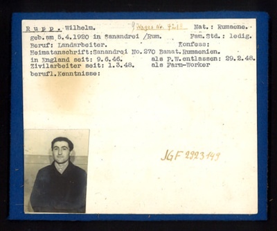 German P.O.W. record card - Wilhelm Rupp - Rumanian - Dob 05/04/1920; 6623