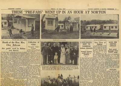 Press article - Yorkshire Gazette 16/05/1947 - article re: prefabs being build in Norton; 16/05/1947; 7347