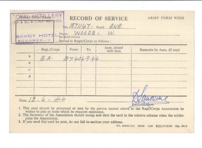 Army form W5258 - Record of Service - Gunner Walter woods 1571147 R.A. 18/07/1940 to 04/09/1946; 18/07/1940; 36664